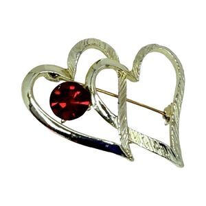 Vintage Red Crystal Double Heart Brooch 2" Valentine Love Silver Tone